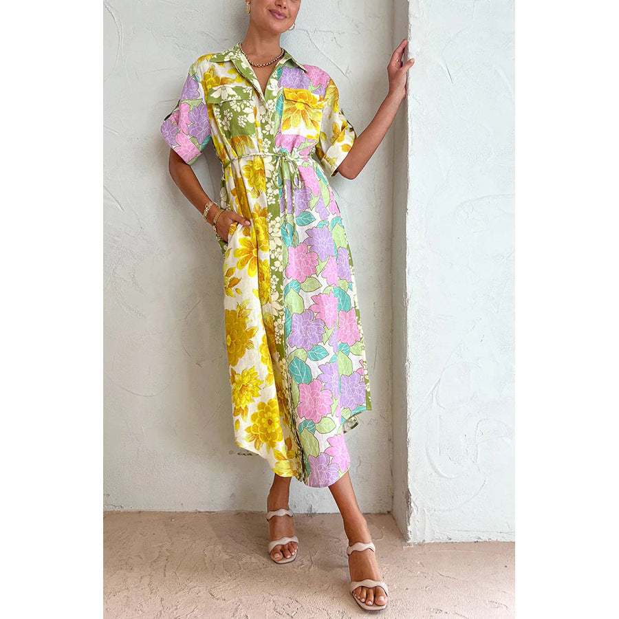 Spring And Summer Loose Vacation Women Casual Short-Sleeved Lace-Up Pocket Floral Shirt Maxi Dress