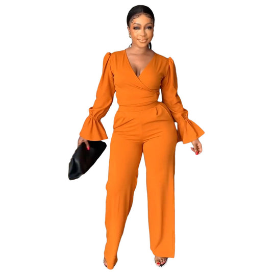 Conjunto informal de dos piezas para mujer, con cuello en V, manga larga y pantalones anchos, color liso