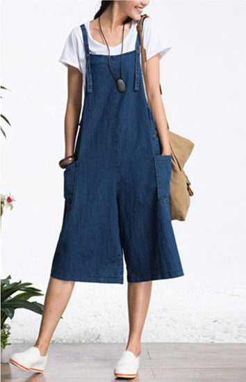 Women Fashion Casual Loose Denim Suspender Shorts
