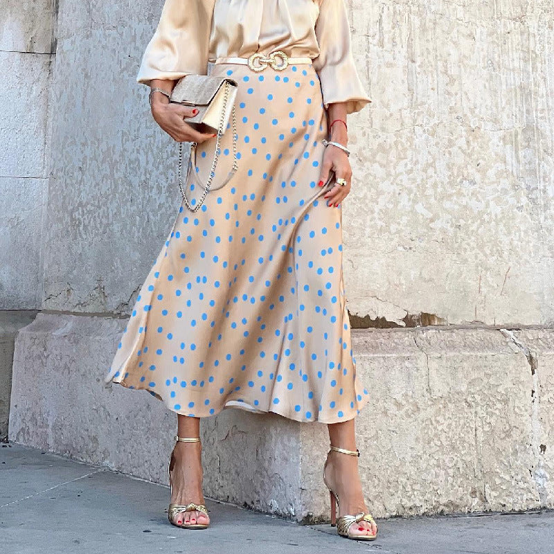 Autumn Casual Elegant Women Polka Dot Print Mid-length Skirt