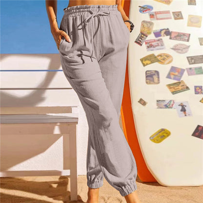 Women Fashion Casual Solid Color Elastic Waist Jogger Pants