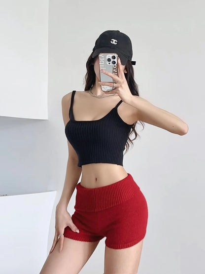 Women Fashion Casual Solid Color Stretch High-Waisted Knitted Shorts
