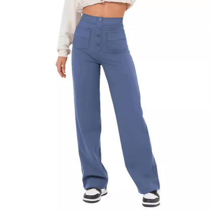 Fashion Women Casual Straight High Waist Button Elastic Multiple Pockets Pants