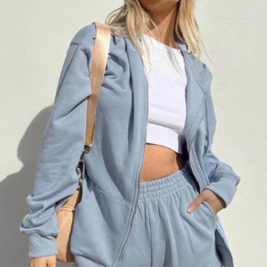 Conjunto de dos piezas informal holgado con capucha y pantalones de manga larga con cremallera de color liso para mujer