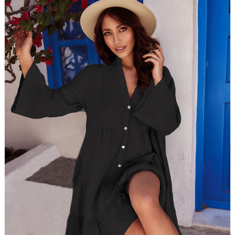 Women Summer Vacation Casual Loose Solid Color Flare Sleeve Flouncing Dress
