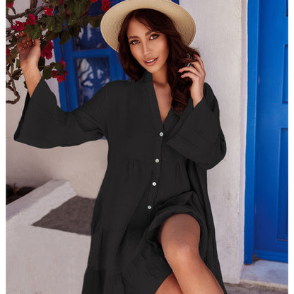 Women Summer Vacation Casual Loose Solid Color Flare Sleeve Flouncing Dress