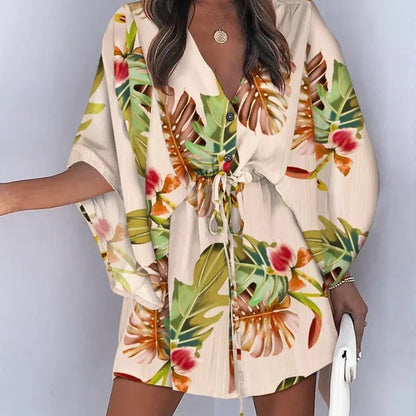 Women'S Casual V-Neck Drawstring Print Dress