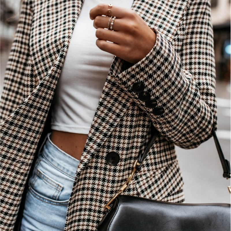 Chaqueta de traje de manga larga con estampado a cuadros informal a la moda para mujer