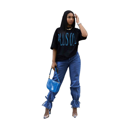 Vaqueros ajustados con volantes de color liso para mujer