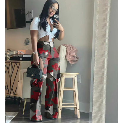 Women Fashion Casual Printed Cut Out Defined Waist Pants