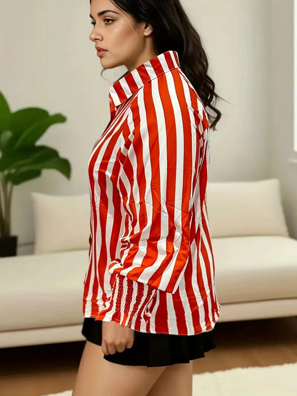 Blusa informal holgada de manga larga con solapa y rayas de talla grande para mujer