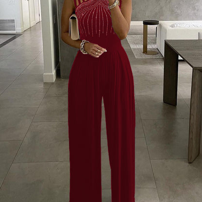 Summer Women Sexy Elegant Cut Out Casual Sleeveless Rhinestone Wide Leg Jumpsuits