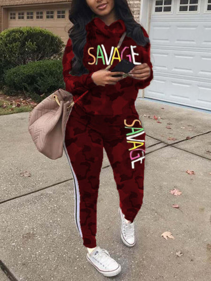 Conjunto de dos piezas de top y pantalón de manga larga con estampado de letras para mujer, informal, de talla grande