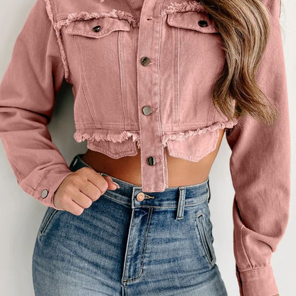 Women Fashion Casual Lapel Short Fringed Denim Coat