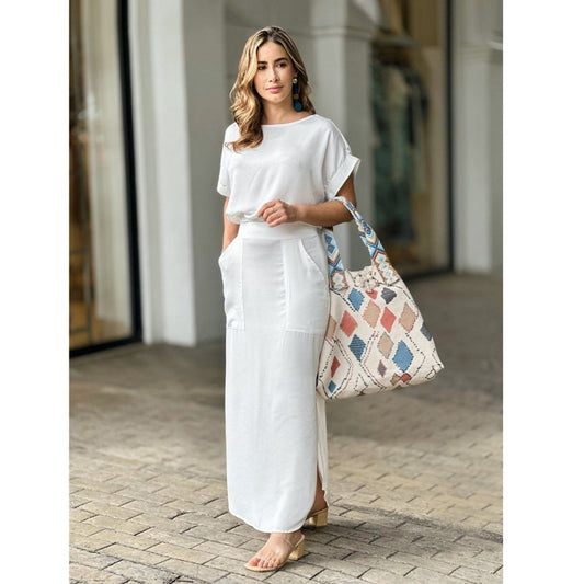 Conjunto de dos piezas formado por top y falda con abertura, manga corta, color liso, informal, para mujer