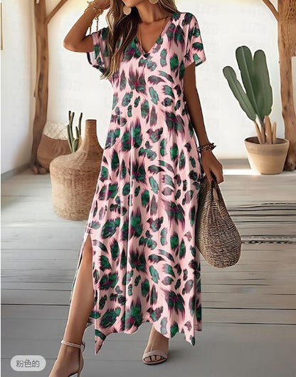 Women Casual Summer Graphic Feather Print Side Slit V-Neck Short Sleeve Regular Maxi Dress