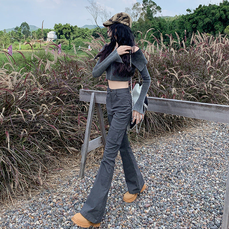 Women Fashion Casual High Waist Slim Cargo Pants