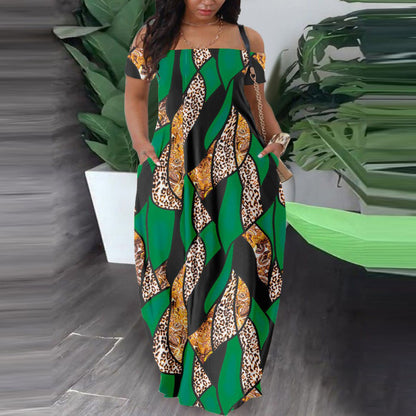 Women Casual Fashion Short Sleeve Off-Shoulder Graphic Printed Maxi Dress