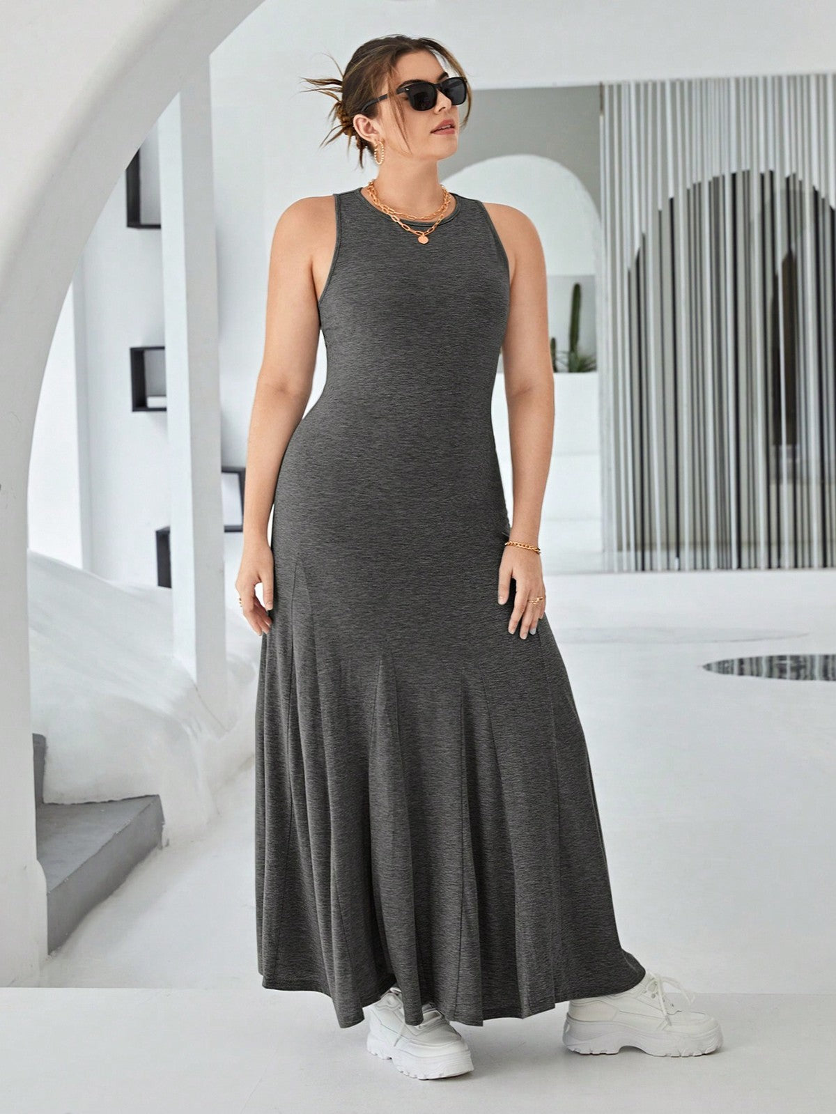 Vestido informal ajustado de cintura alta sin mangas con cuello redondo y talla grande para mujer