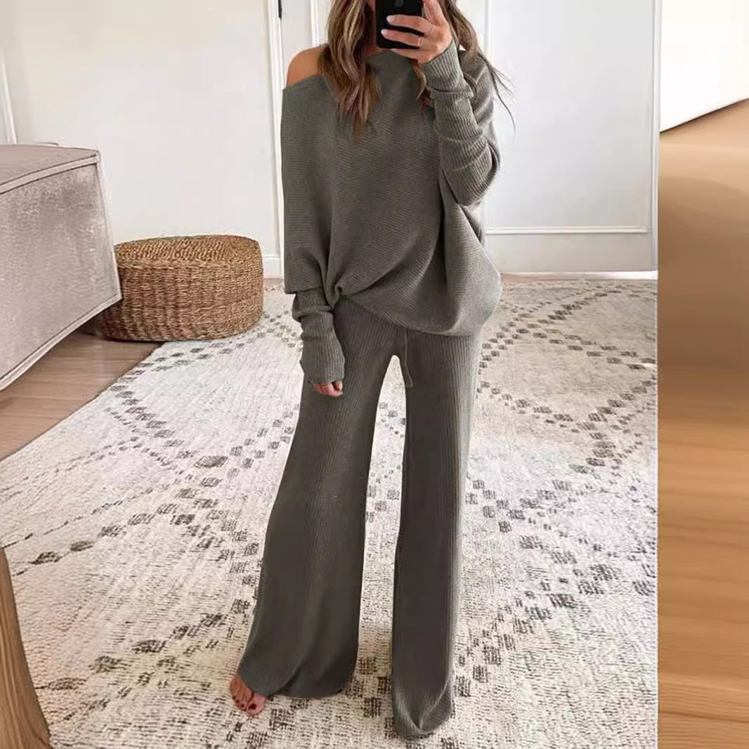Conjunto de dos piezas formado por top y pantalón informal, manga larga, cuello redondo, color liso, para mujer, otoño e invierno