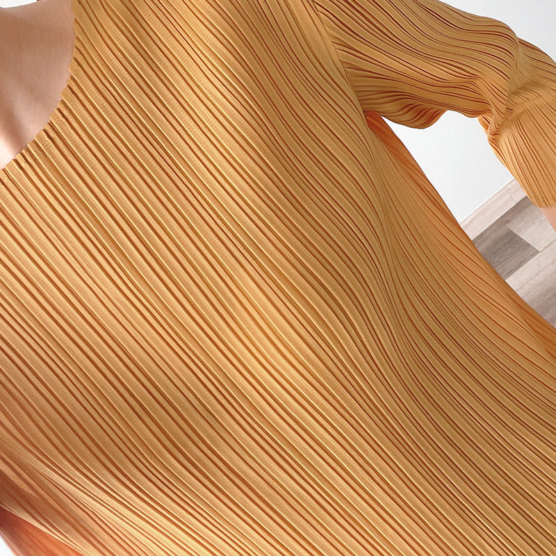 Women Fashion Minimalist Casual Soft Solid Color Round Neck Cropped Sleeve Creased Dress
