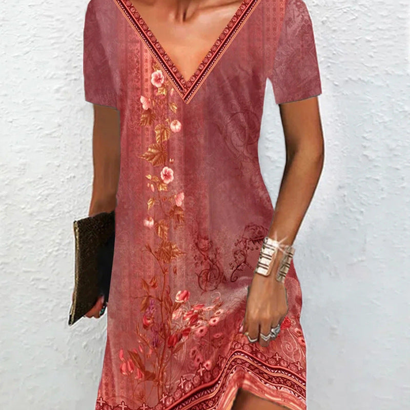 Women'S Retro Print Casual V-Neck Short Sleeve Dress