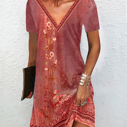 Women'S Retro Print Casual V-Neck Short Sleeve Dress