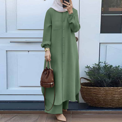 Conjunto de camisa y pantalones de manga larga abaya de color liso informal para mujer