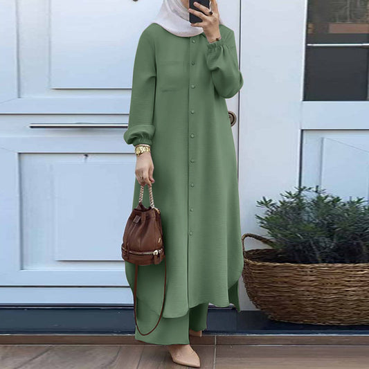 Conjunto de camisa y pantalones de manga larga abaya de color liso informal para mujer