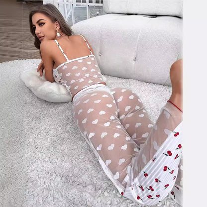 Conjunto de pijama de dos piezas con camisola estampada informal para mujer, pantalones de malla