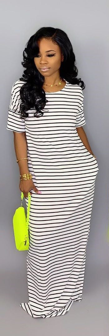 Women Basic Casual Short-sleeved Color Blocking Stripe Maxi Dress