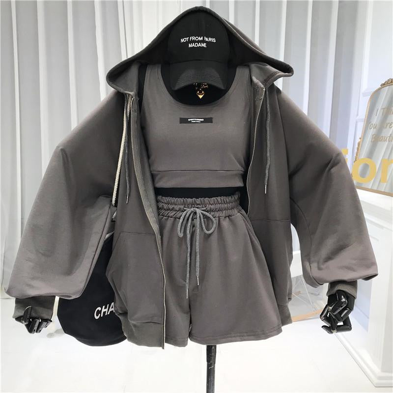 Women Fashion Casual Solid Color Tank Top Long Sleeve Zipper Hoodies Defined Waist Drawstring Shorts 3pcs Set