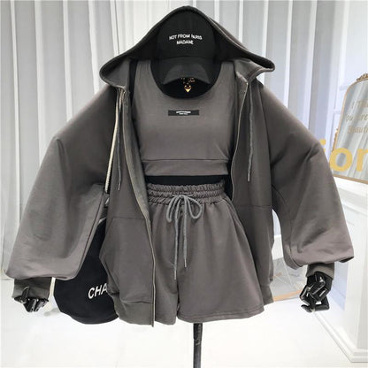 Women Fashion Casual Solid Color Tank Top Long Sleeve Zipper Hoodies Defined Waist Drawstring Shorts 3pcs Set