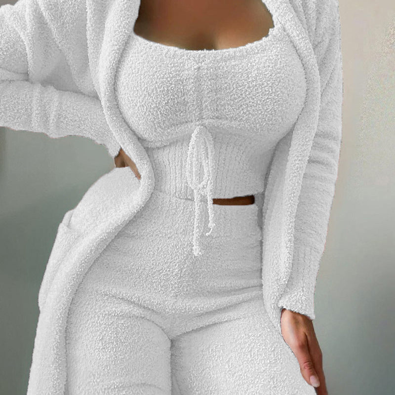 Conjunto de tres piezas de punto informal para mujer, camiseta sin mangas de felpa de color liso de invierno, pantalones y abrigo con cintura elástica