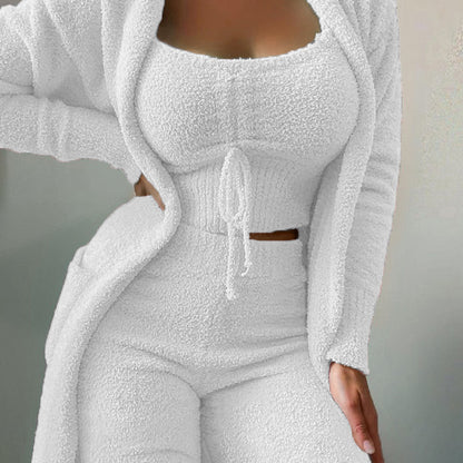 Conjunto de tres piezas de punto informal para mujer, camiseta sin mangas de felpa de color liso de invierno, pantalones y abrigo con cintura elástica