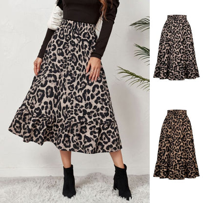 Women Casual Elegant Leopard Print High Waist Swing Skirt