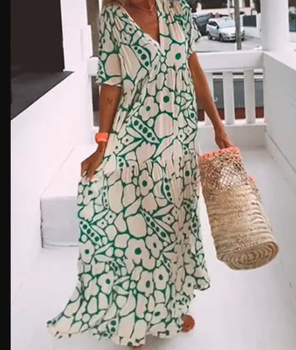 Vestido largo informal de verano con estampado floral y cuello en V para mujer