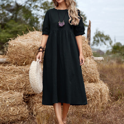 Women Casual Solid Color Loose Midi Short Sleeves Round Neck Dress