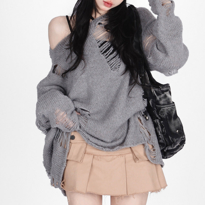 Suéter de punto holgado y acogedor para mujer, informal, con hombros inclinados