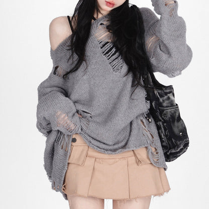 Suéter de punto holgado y acogedor para mujer, informal, con hombros inclinados