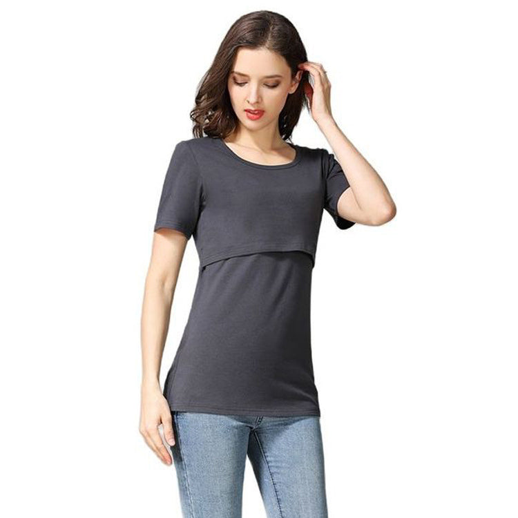 Camiseta de lactancia de color liso, informal, de manga corta, para embarazadas
