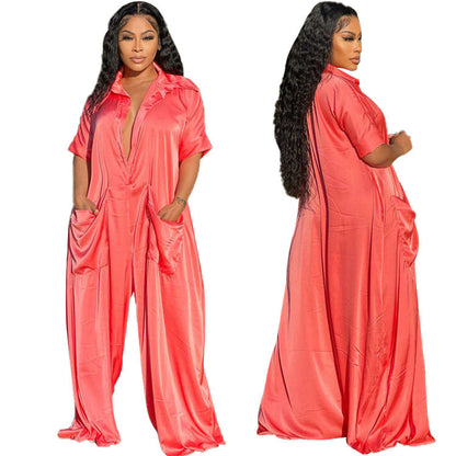 Women Casual Summer Elegant Short Sleeves Fashion Satin Solid Color Loose Jumpsuits