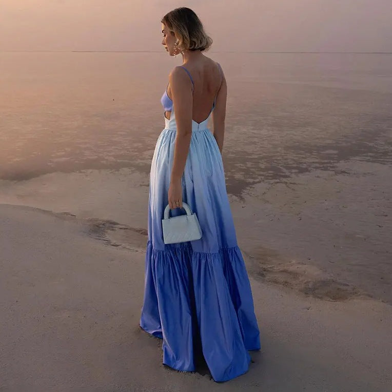 Women Casual Fashion Gradient Sling Hollow Maxi Dress