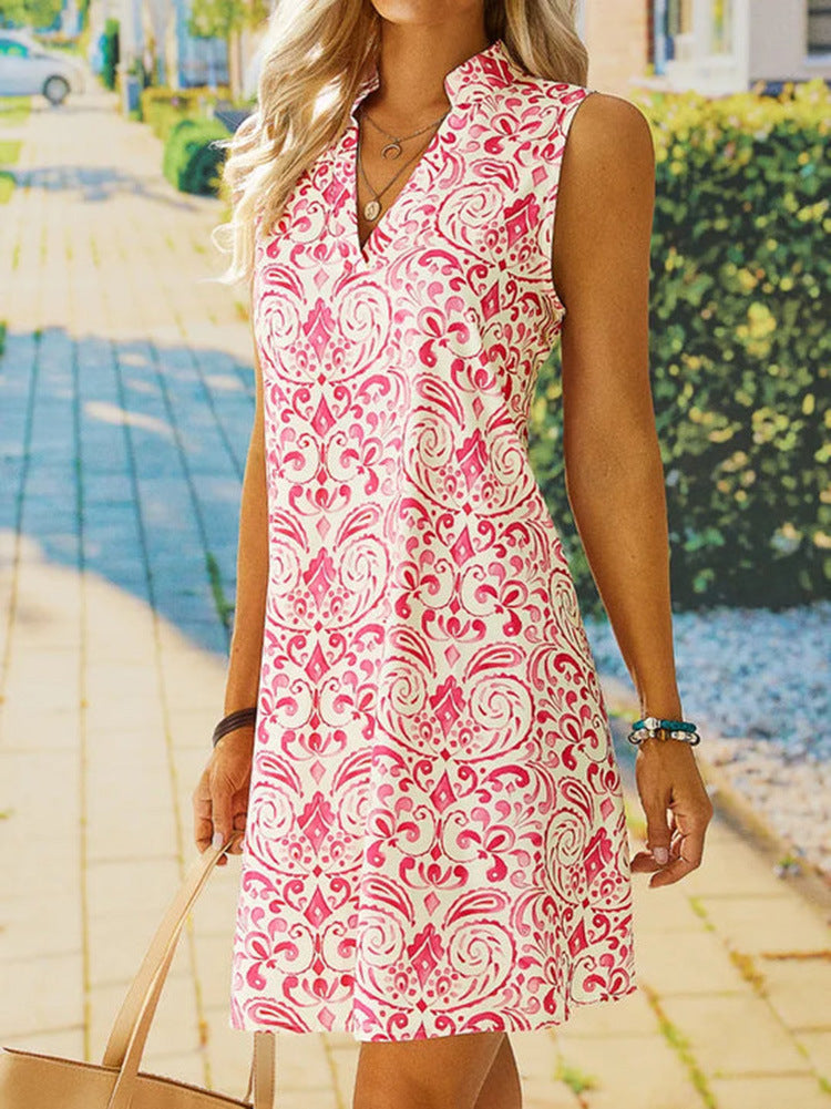Vestido informal de verano sin mangas con cuello en V y estampado floral para mujer