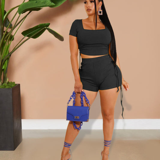 Women Solid Color Drawstring Casual Top And Shorts Two Pieces Set