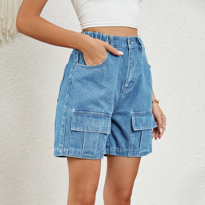 Women Casual Elastic Waist Cargo Denim Shorts