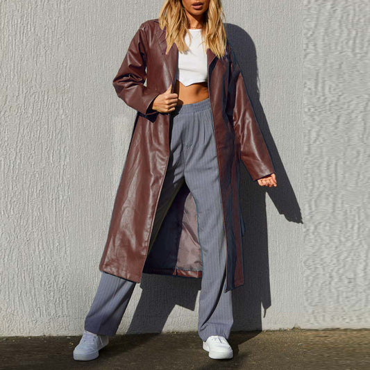 Chaqueta larga de cuero de color liso para mujer, gabardina informal