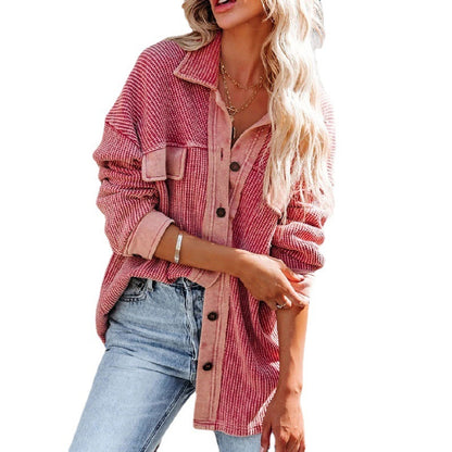 Women Casual Office Long Sleeve Lapel Single-breasted Pocket Design Rin Knit Shacket