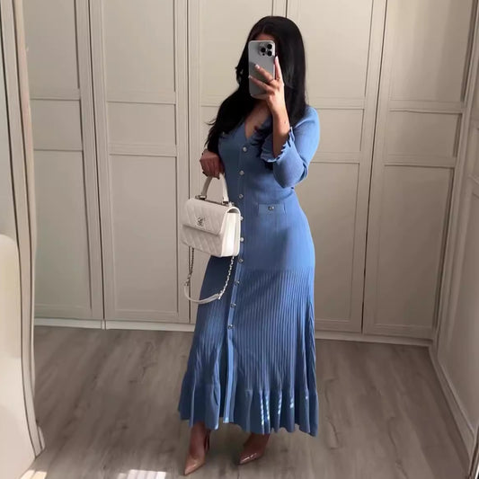 Vestido maxi de punto ajustado de manga larga con escote en V y color liso informal de otoño para mujer