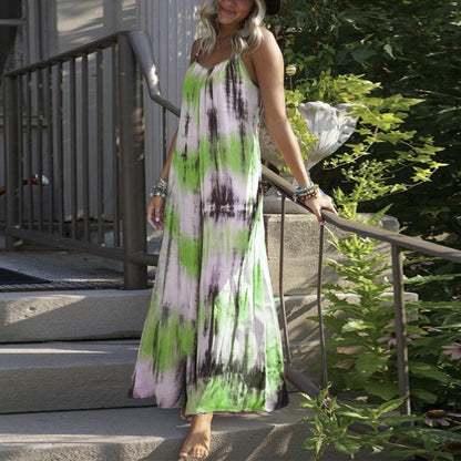 Women Fashion Casual Vacation Tie Dye Print Spaghetti Strap Maxi Loose Dress